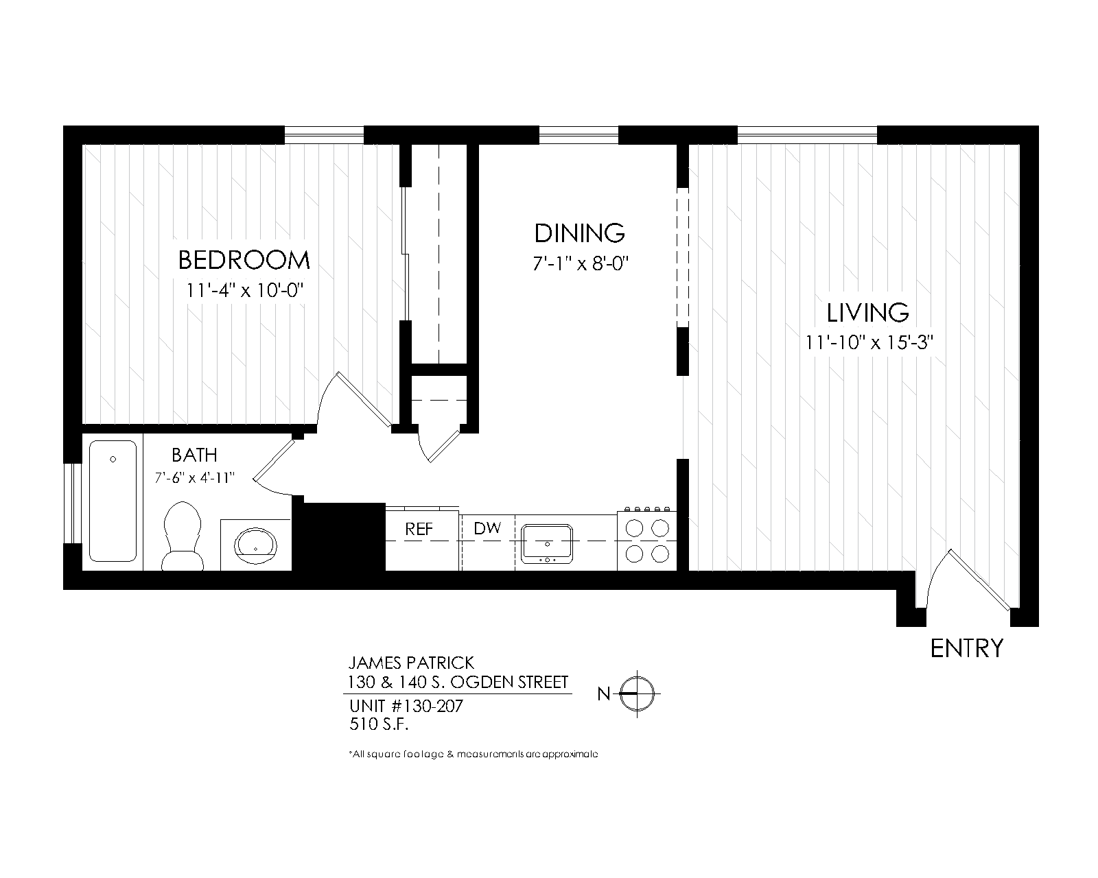 Floor plan for 1 bed, 1 bath, 525 sqft